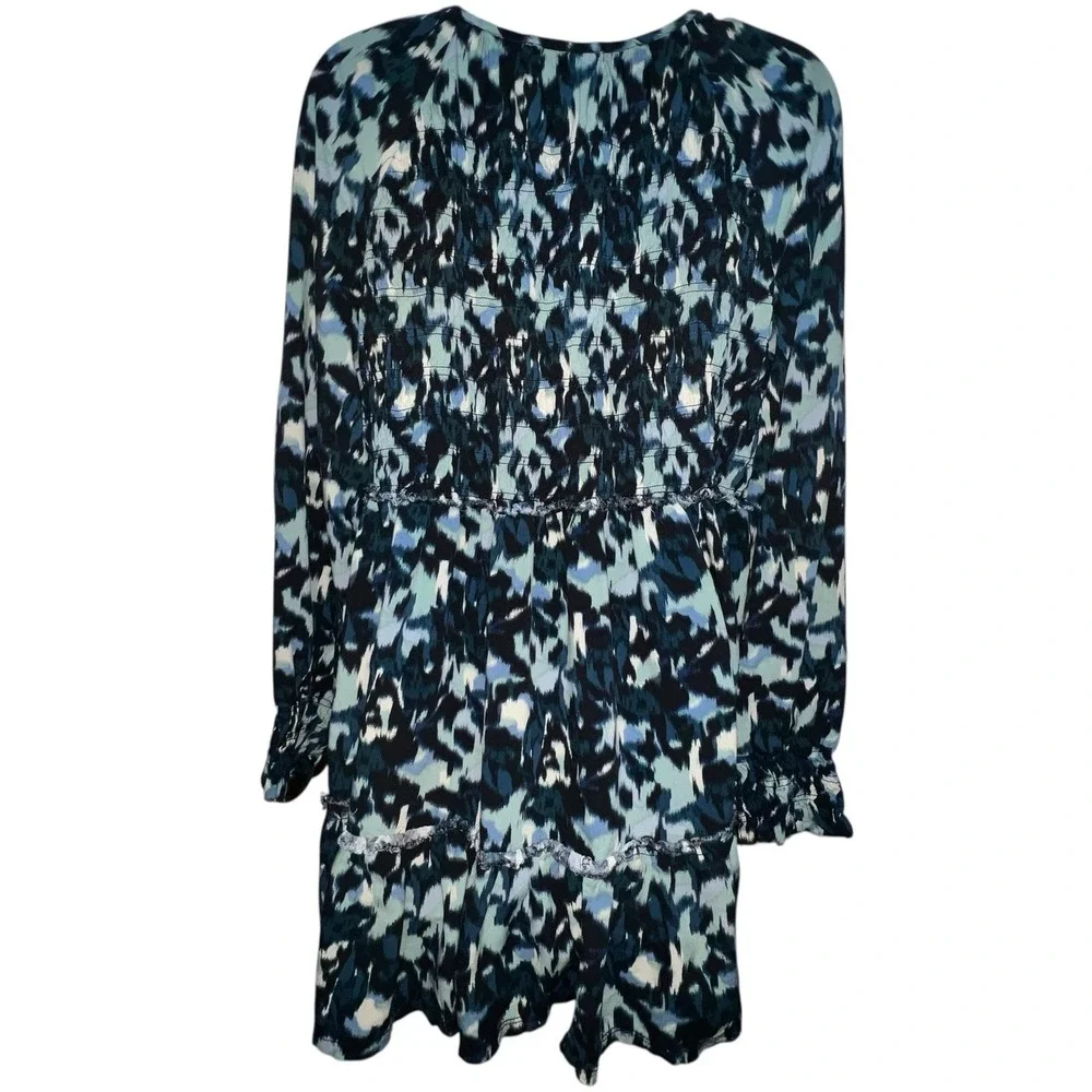 BeachLunchLounge Top‎ Boho Blue Floral Cotton Tiered Talia Tunic Large V Neck - Picture 4 of 9